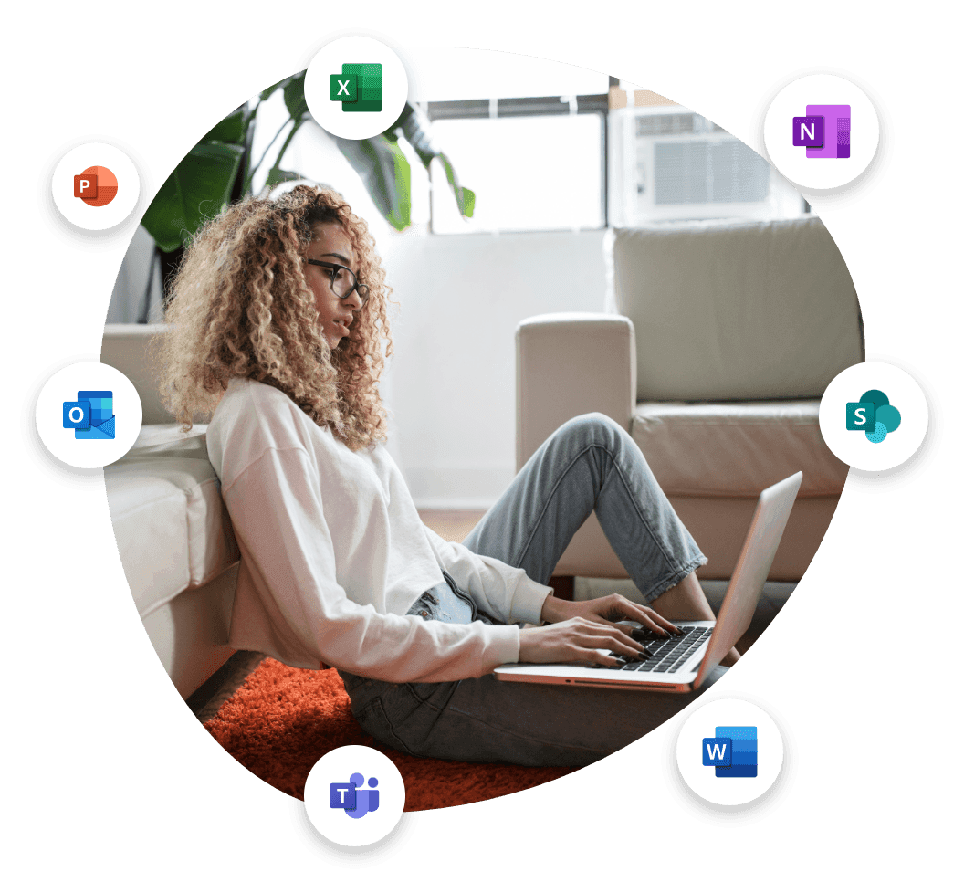 Medarbejder, der arbejder i Microsoft 365, omgivet af ikoner for Word, Excel, PowerPoint, Outlook, Teams, OneNote og SharePoint