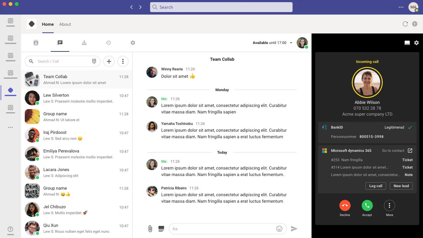 Skærmbillede af et indkommende opkald i Microsoft Teams via Juno Telefoni, med opkalderens navn, nummer og kundeoplysninger vist ved siden af samtalen